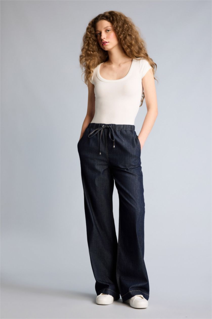 Kadın Mavi Siyah Wıde Leg Uzun Jean Pantolon