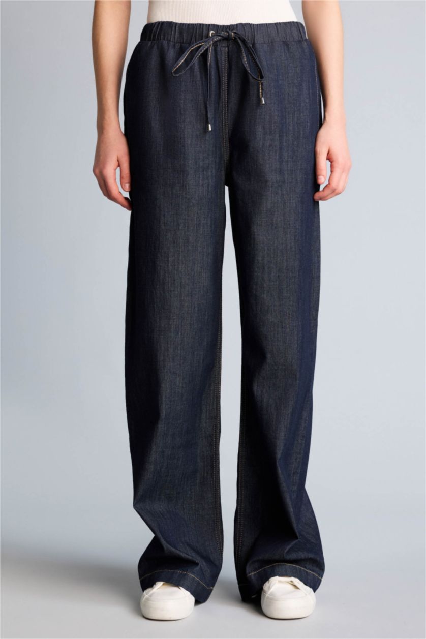 Kadın Mavi Siyah Wıde Leg Uzun Jean Pantolon