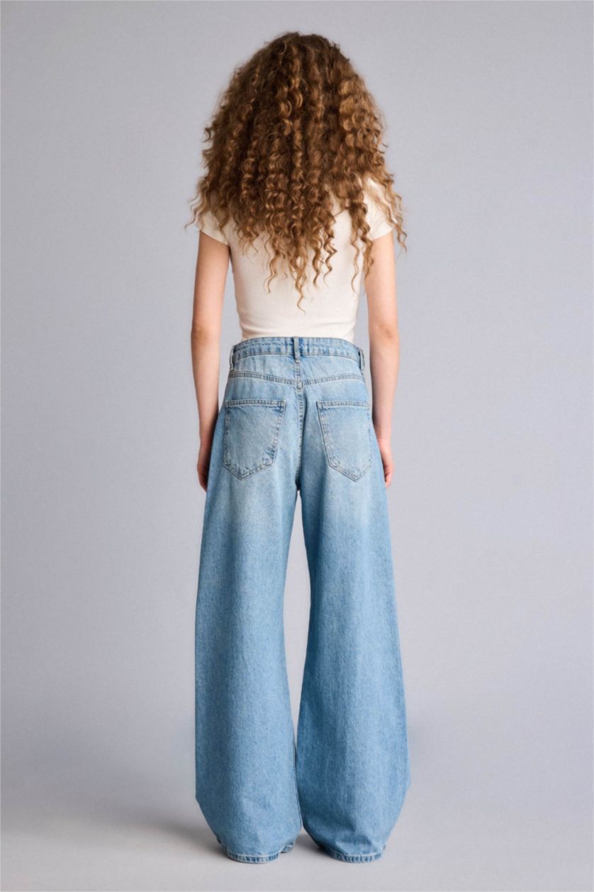 Kadın Koyu Mavi Wıde Leg Yüksek Bel Uzun Jean Yıkamalı Pantolon