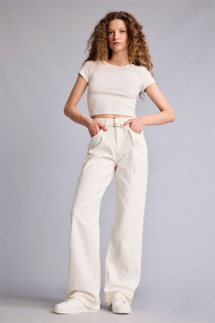 Kadın Beyaz Straıght Wıde Yüksek Bel Uzun Jean Pantolon