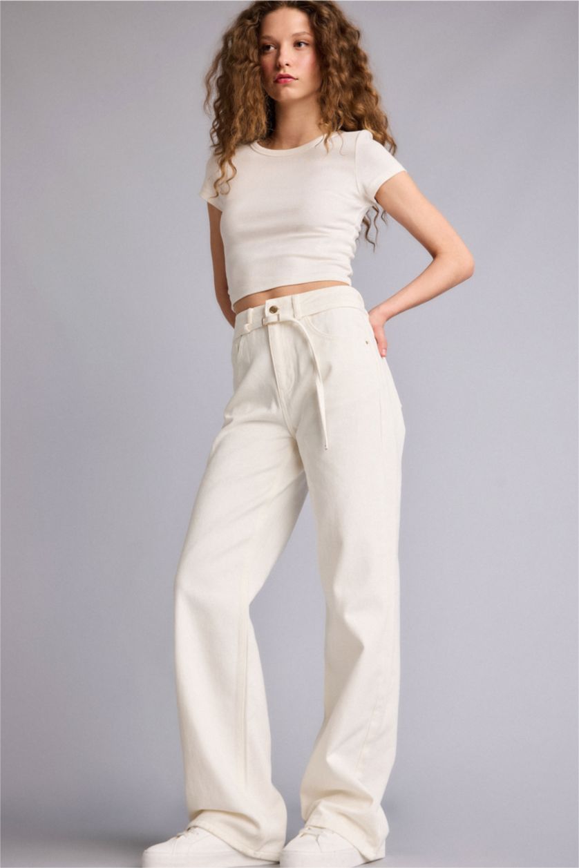 Kadın Beyaz Straıght Wıde Yüksek Bel Uzun Jean Pantolon