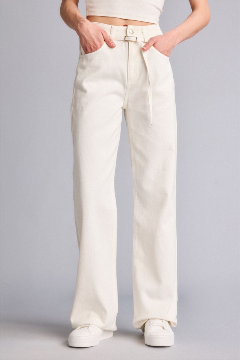 Kadın Beyaz Straıght Wıde Yüksek Bel Uzun Jean Pantolon