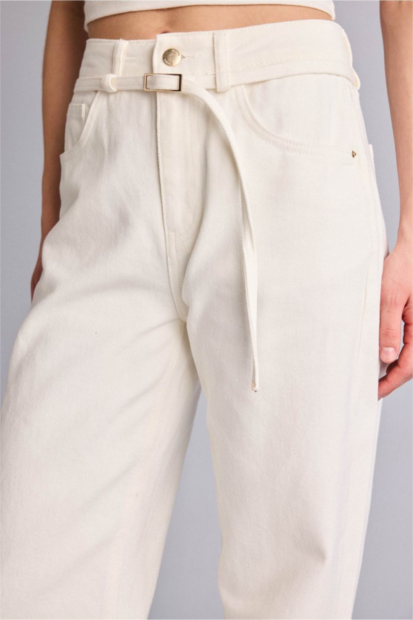 Kadın Beyaz Straıght Wıde Yüksek Bel Uzun Jean Pantolon
