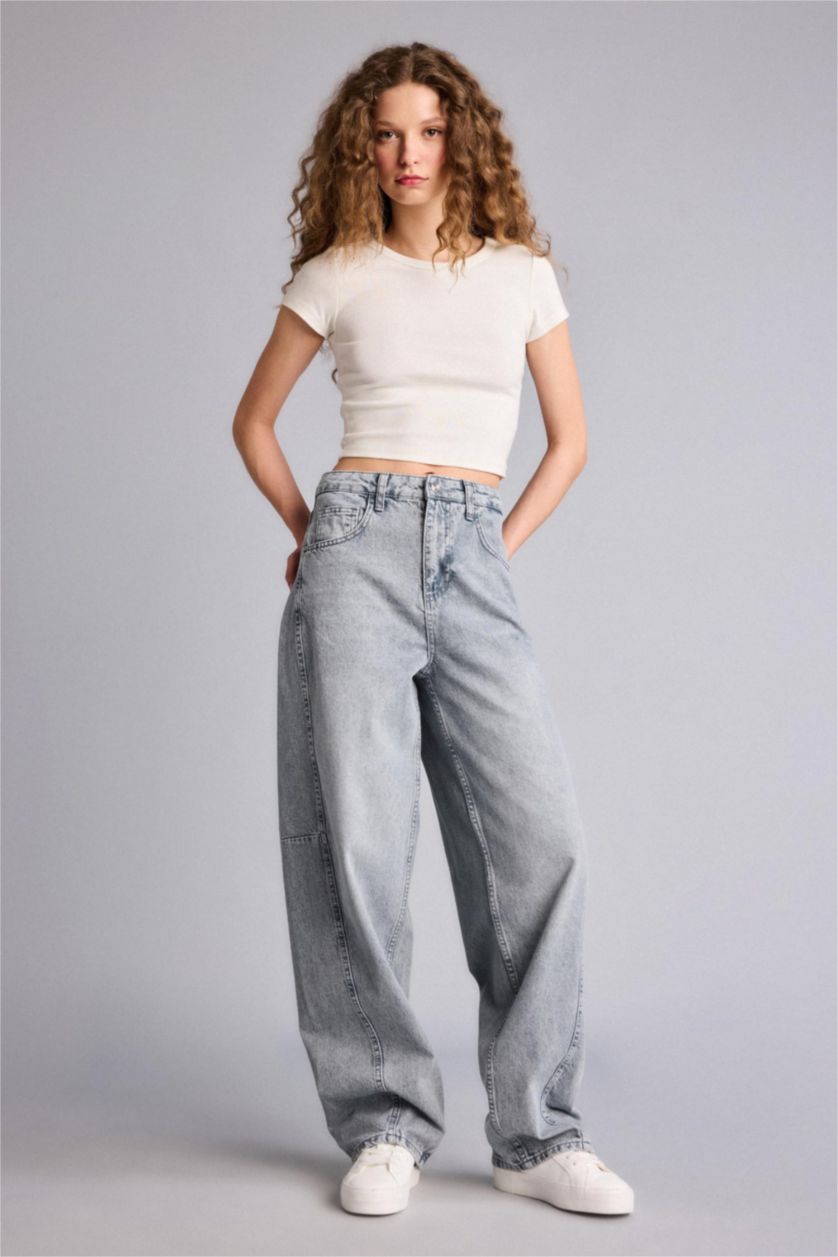 Kadın Gri Baggy Fıt Yüksek Bel Uzun Jean Yıkamalı Pantolon