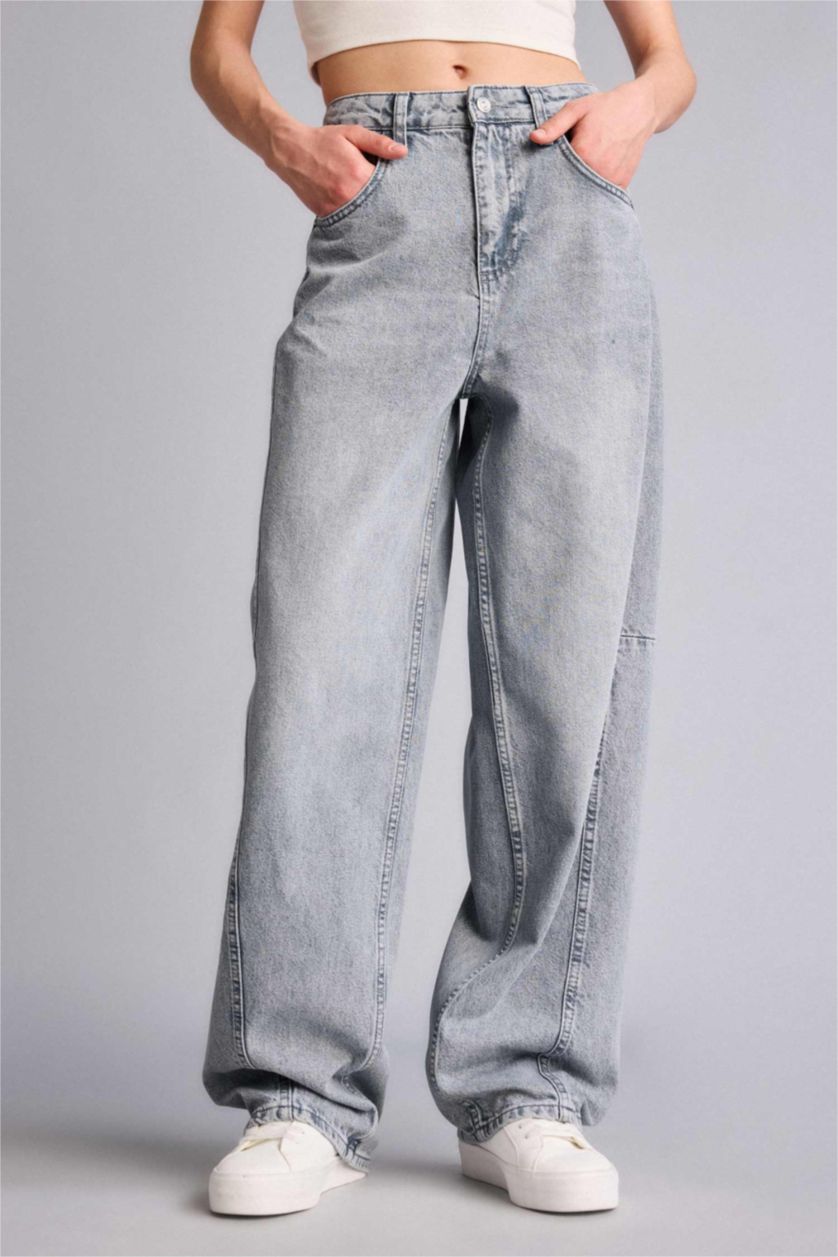 Kadın Gri Baggy Fıt Yüksek Bel Uzun Jean Yıkamalı Pantolon