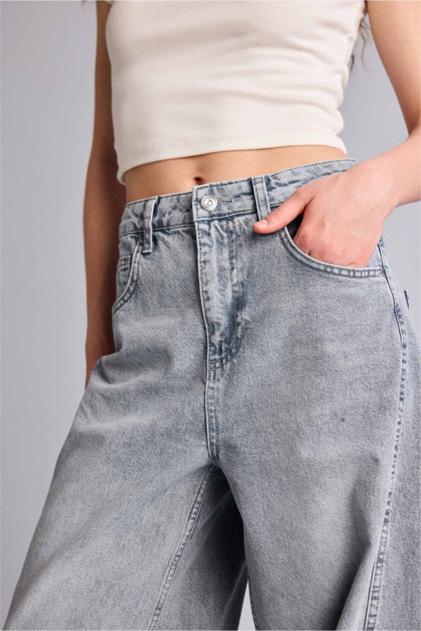 Kadın Gri Baggy Fıt Yüksek Bel Uzun Jean Yıkamalı Pantolon
