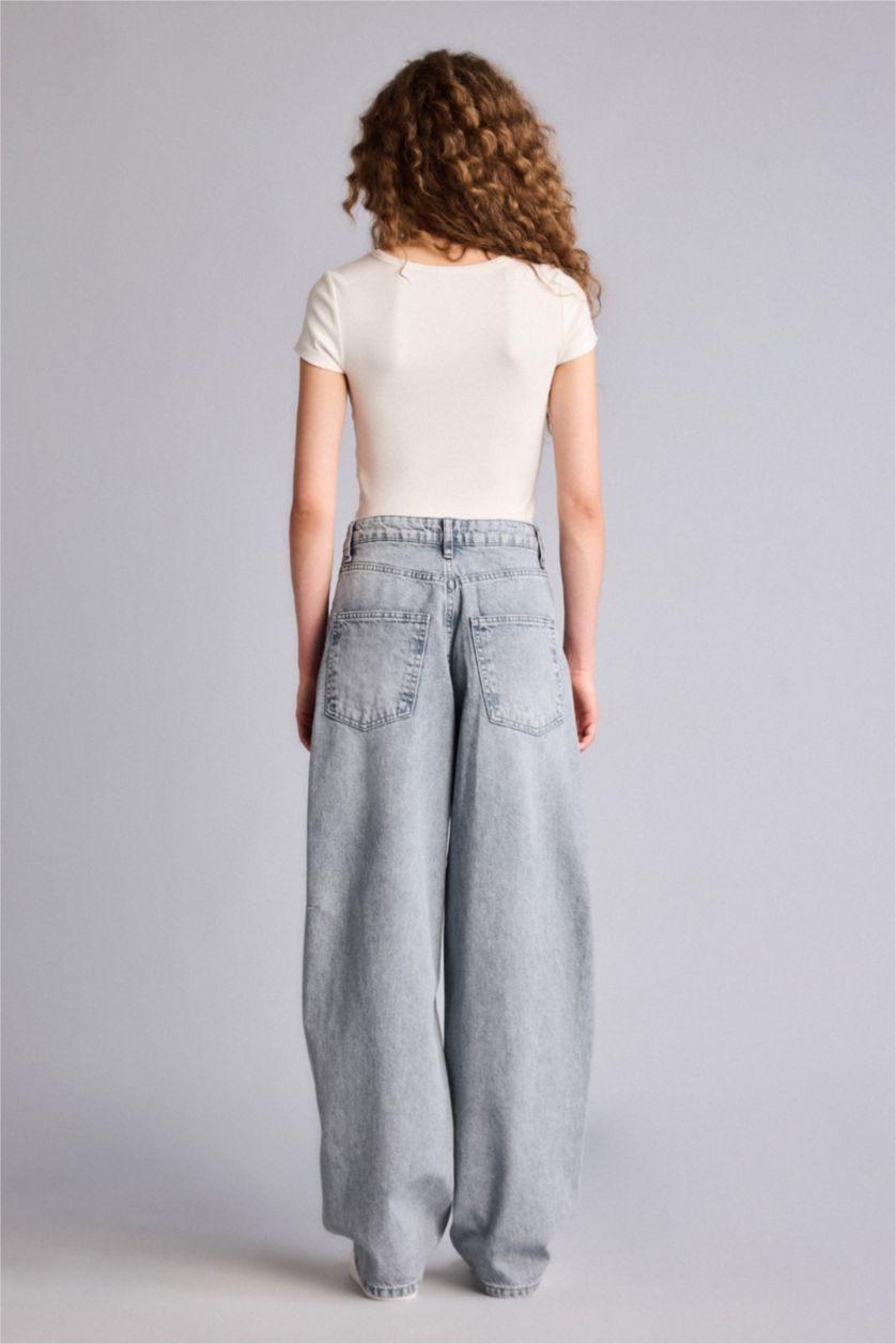 Kadın Gri Baggy Fıt Yüksek Bel Uzun Jean Yıkamalı Pantolon