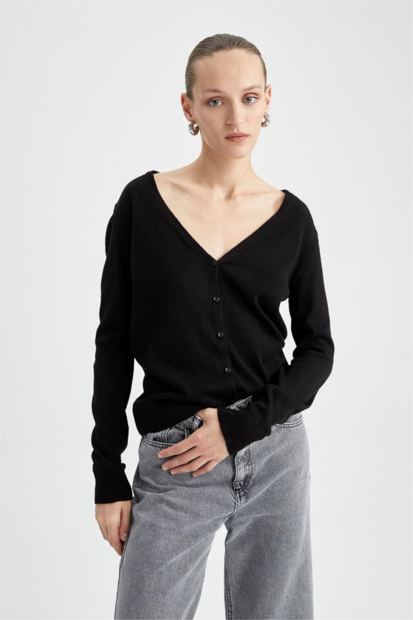 FEMME Noir Cardigan Basique Col V Coupe Classique