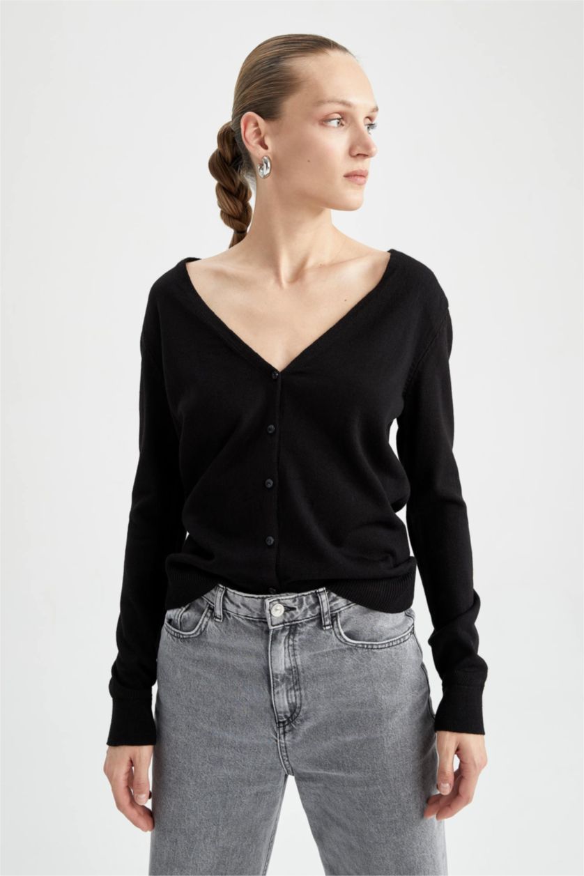FEMME Noir Cardigan Basique Col V Coupe Classique