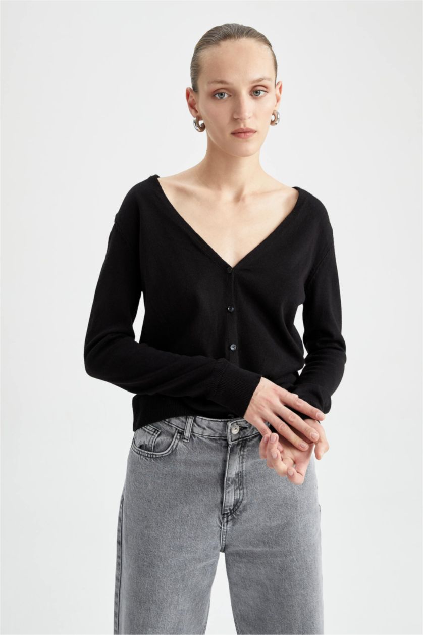 FEMME Noir Cardigan Basique Col V Coupe Classique