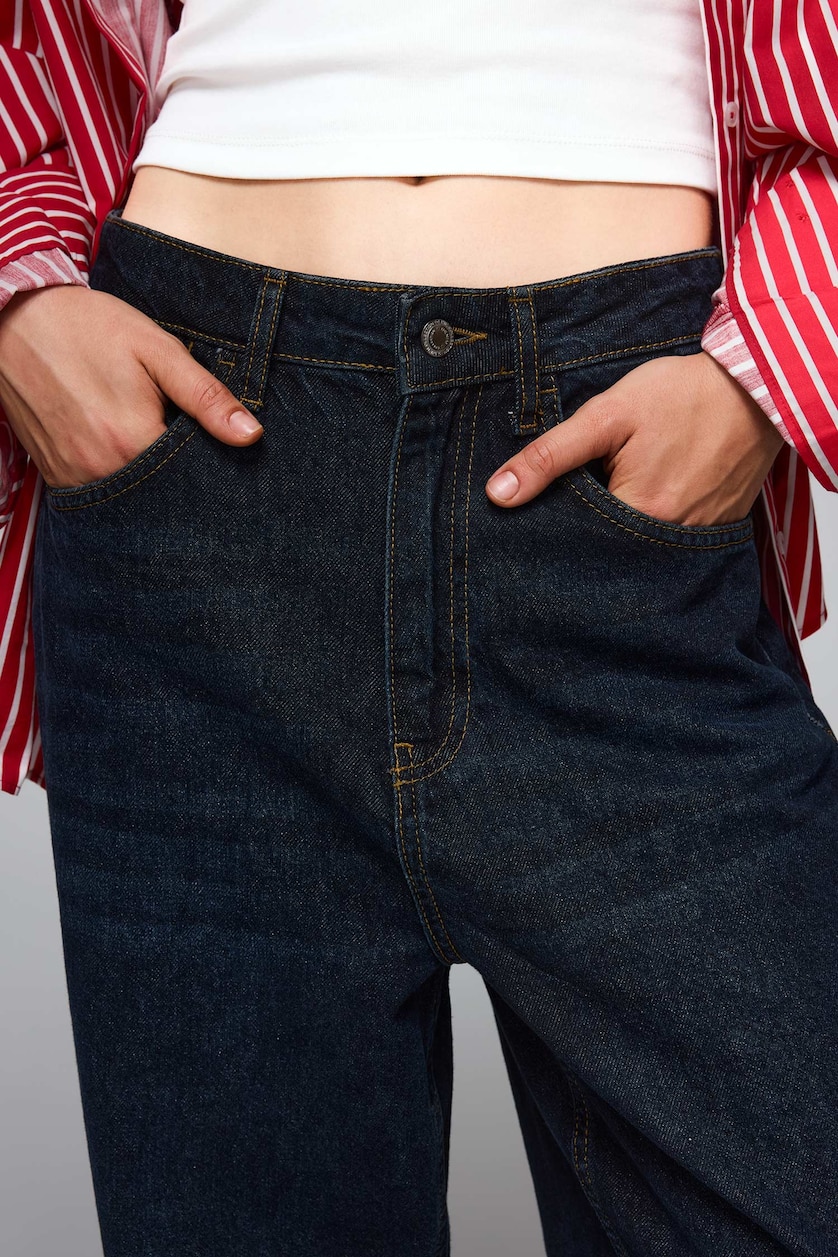 Kadın Siyah %100 Pamuk Baggy Fıt Jean Yıkamalı Pantolon