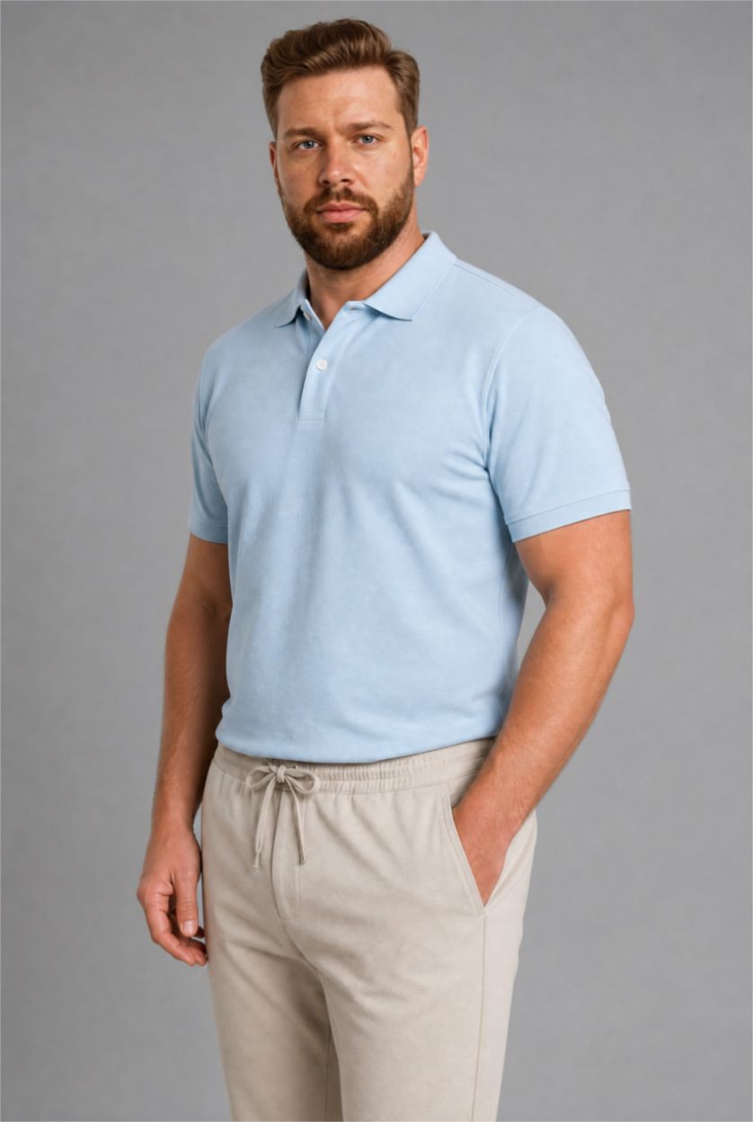 Men Açık Mavi Regular Fit Pique Short Sleeve Polo T-Shirt
