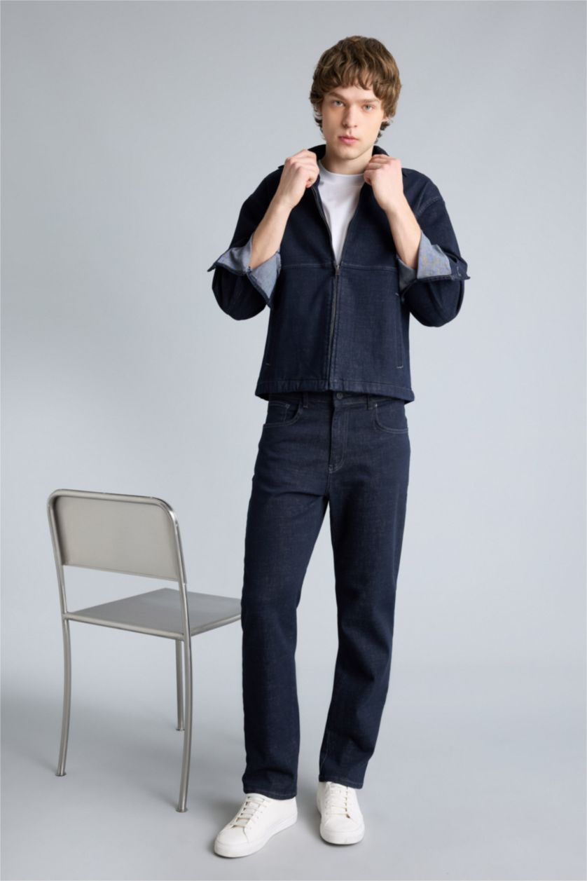 Man Dark Blue Straight Fit Trousers