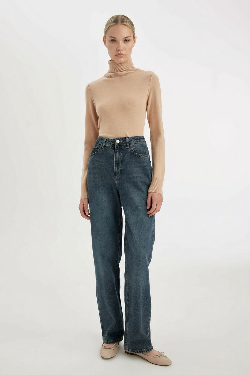 Woman Beige Regular Fit Turtleneck Basic Pullover