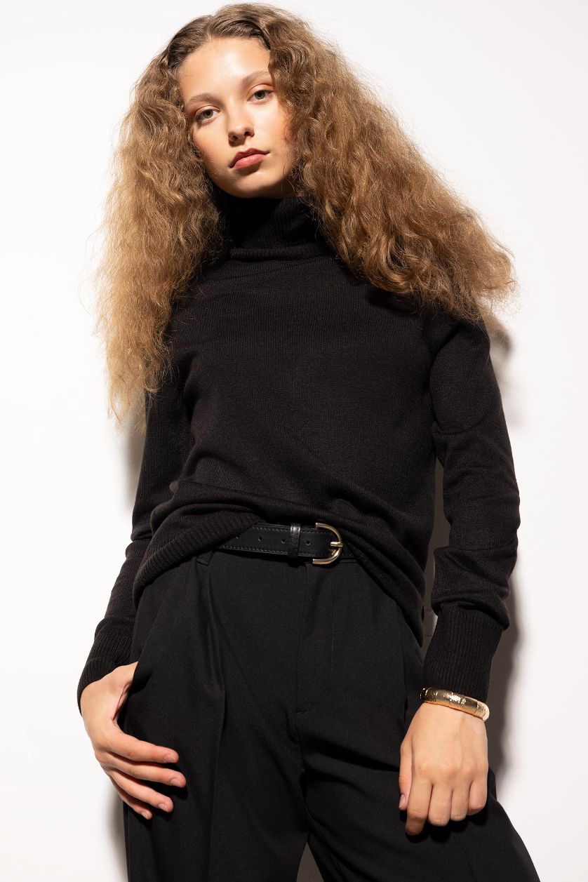 WOMAN Black Regular Fit Turtleneck Basic Pulover