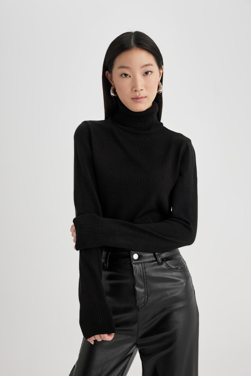 WOMAN Black Regular Fit Turtleneck Basic Pulover