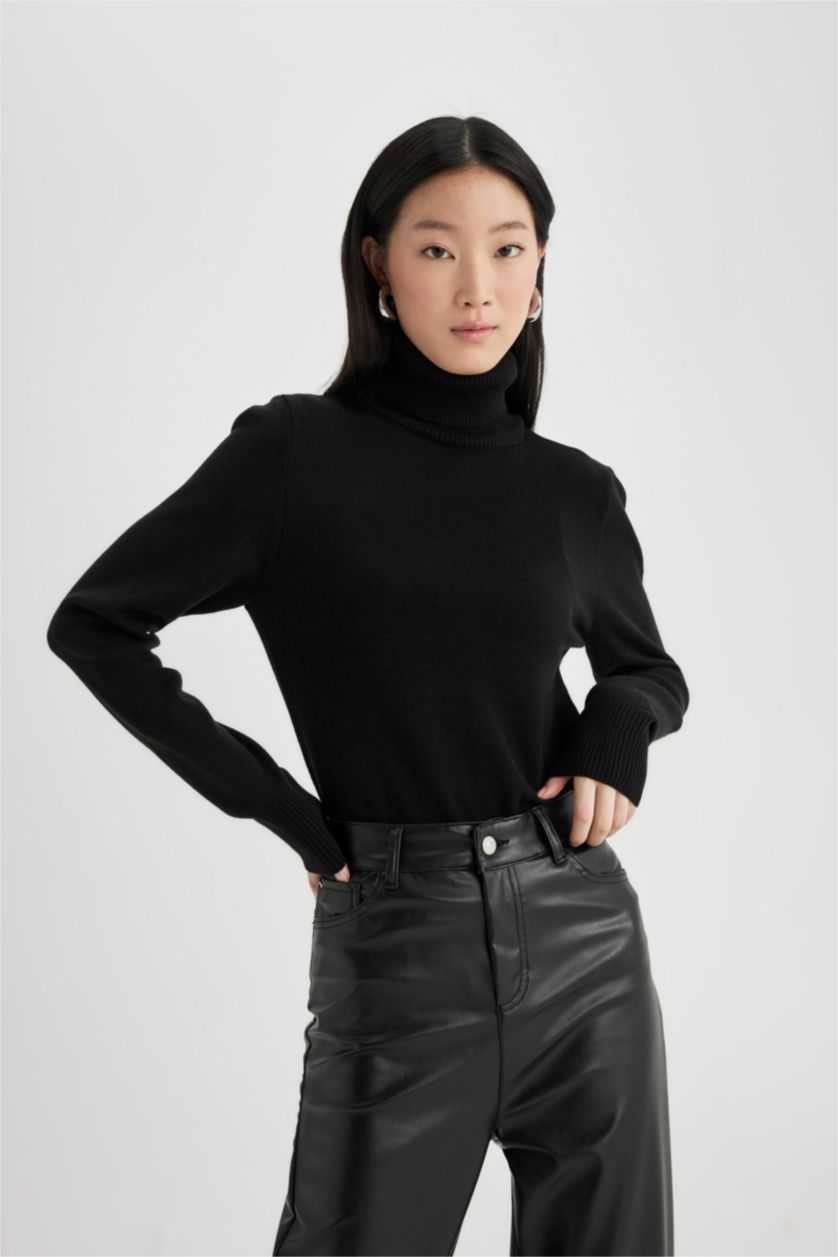 WOMAN Black Regular Fit Turtleneck Basic Pulover