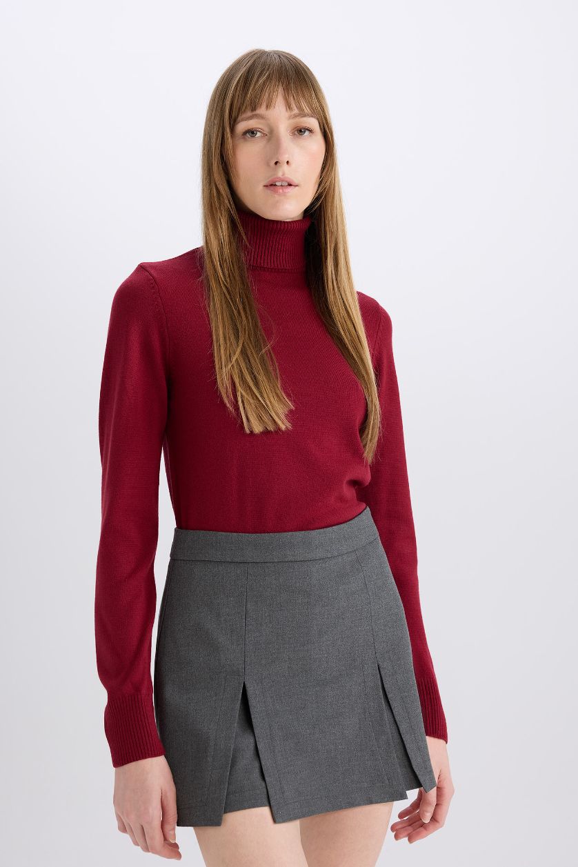 Kadın Bordo Regular Fit Yumuşak Dokulu Balıkçı Yaka Basic Düz Triko Kazak