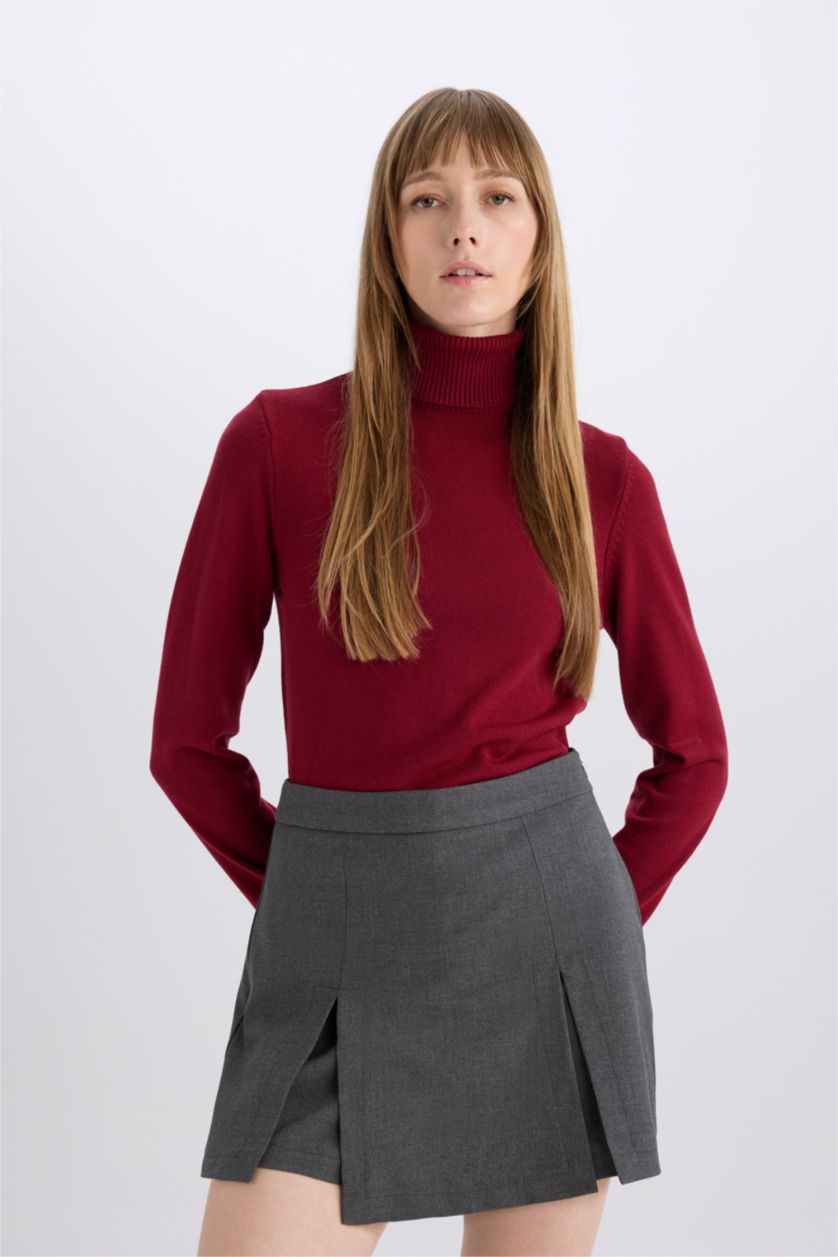 Kadın Bordo Regular Fit Yumuşak Dokulu Balıkçı Yaka Basic Düz Triko Kazak