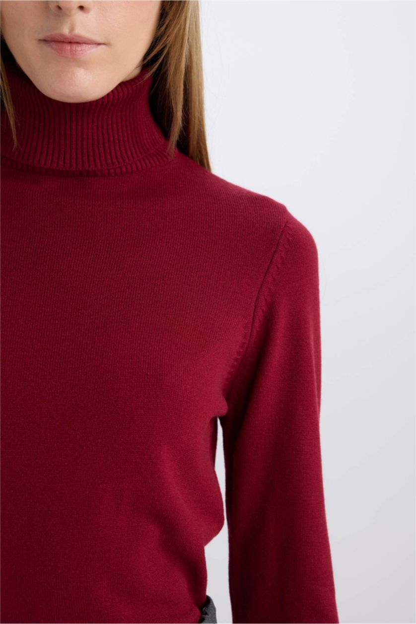 Kadın Bordo Regular Fit Yumuşak Dokulu Balıkçı Yaka Basic Düz Triko Kazak