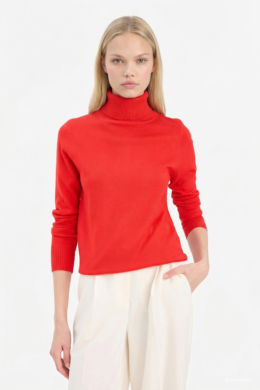 Women Red Regular Fit Turtleneck Basic Knit Pullover