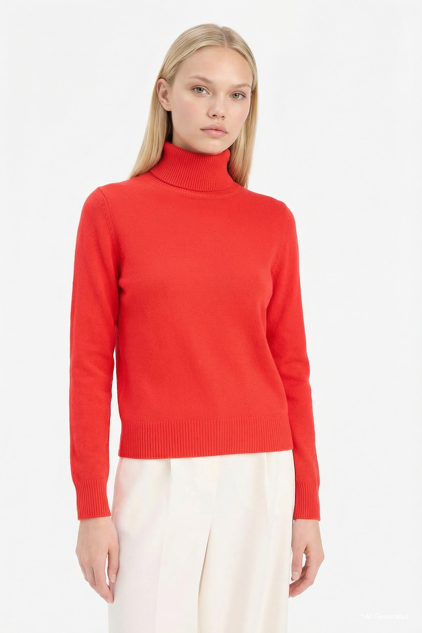 Women Red Regular Fit Turtleneck Basic Knit Pullover