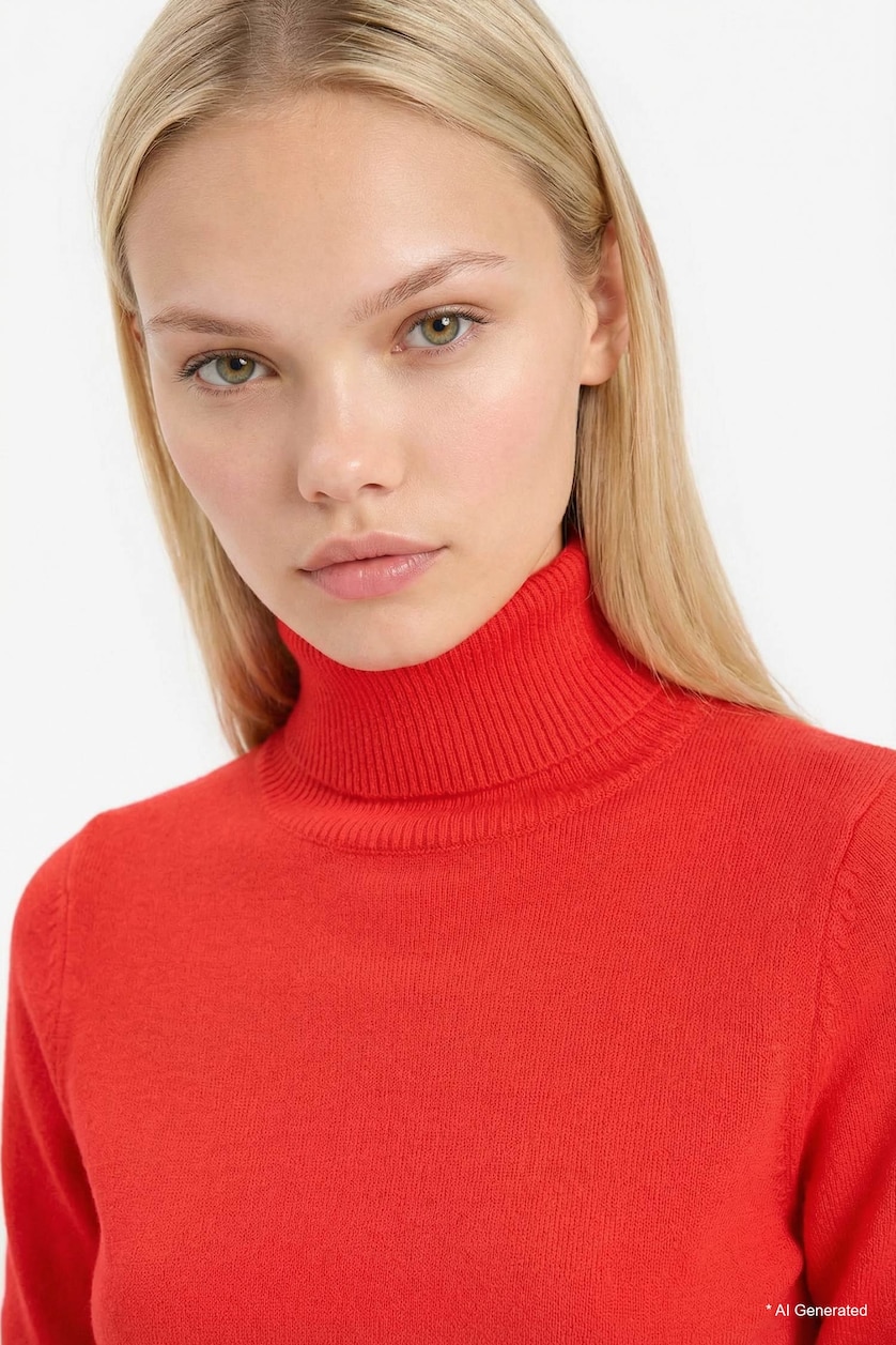 Women Red Regular Fit Turtleneck Basic Knit Pullover