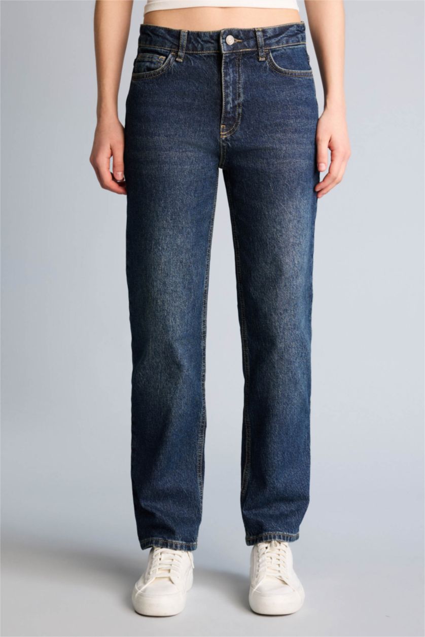 Kadın Mavi Comfort Straıght Normal Bel Uzun Jean Yıkamalı Pantolon