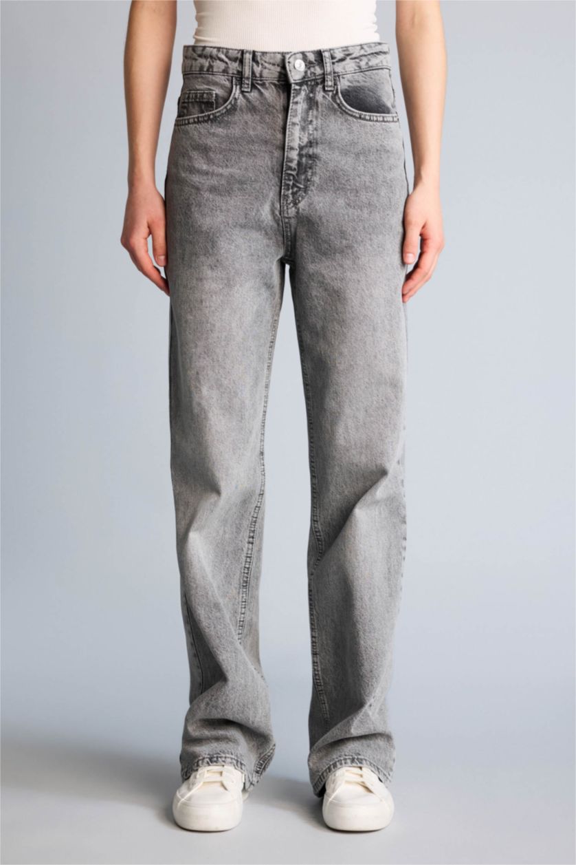 Kadın Gri Straıght Fıt Yüksek Bel Uzun Jean Yıkamalı Pantolon