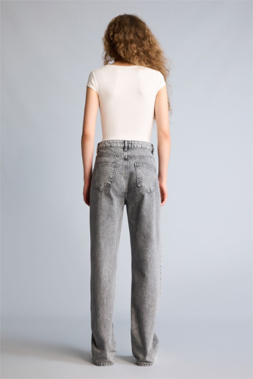 Kadın Gri Straıght Fıt Yüksek Bel Uzun Jean Yıkamalı Pantolon