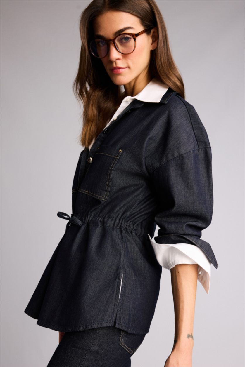 Kadın Mavi Siyah Regular Fıt Jean Gömlek