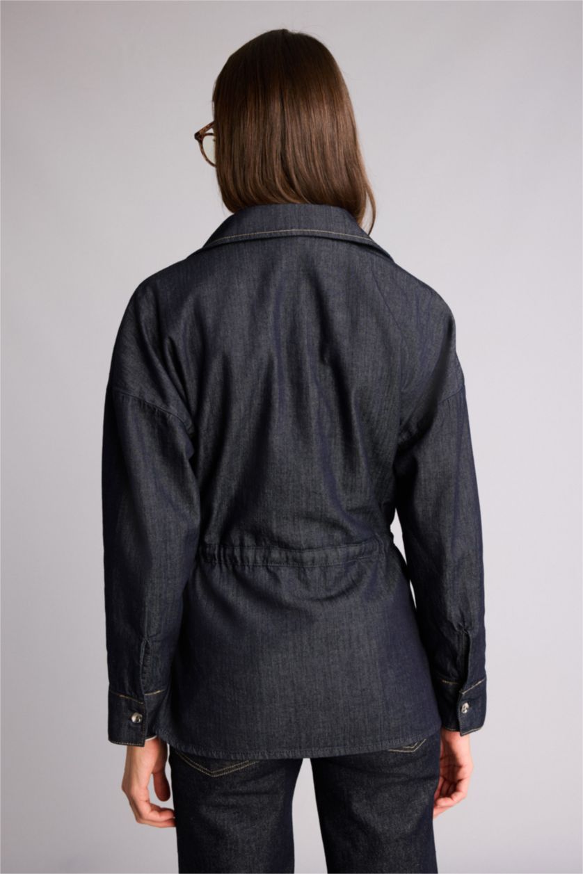 Kadın Mavi Siyah Regular Fıt Jean Gömlek