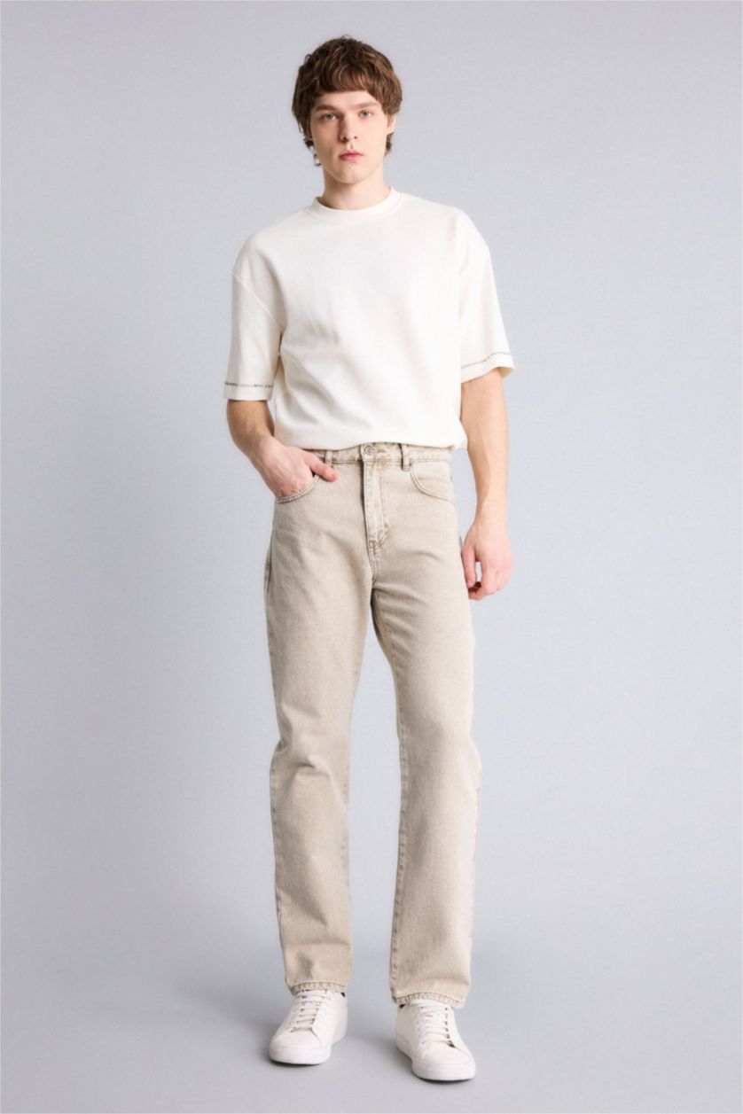 Man Beige Straight Fit Trousers