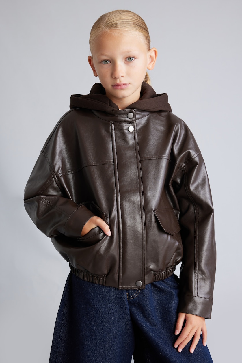 Young Girls - Teen Girls Brown Girls Faux Leather with Patch Pockets Hooded Jacket