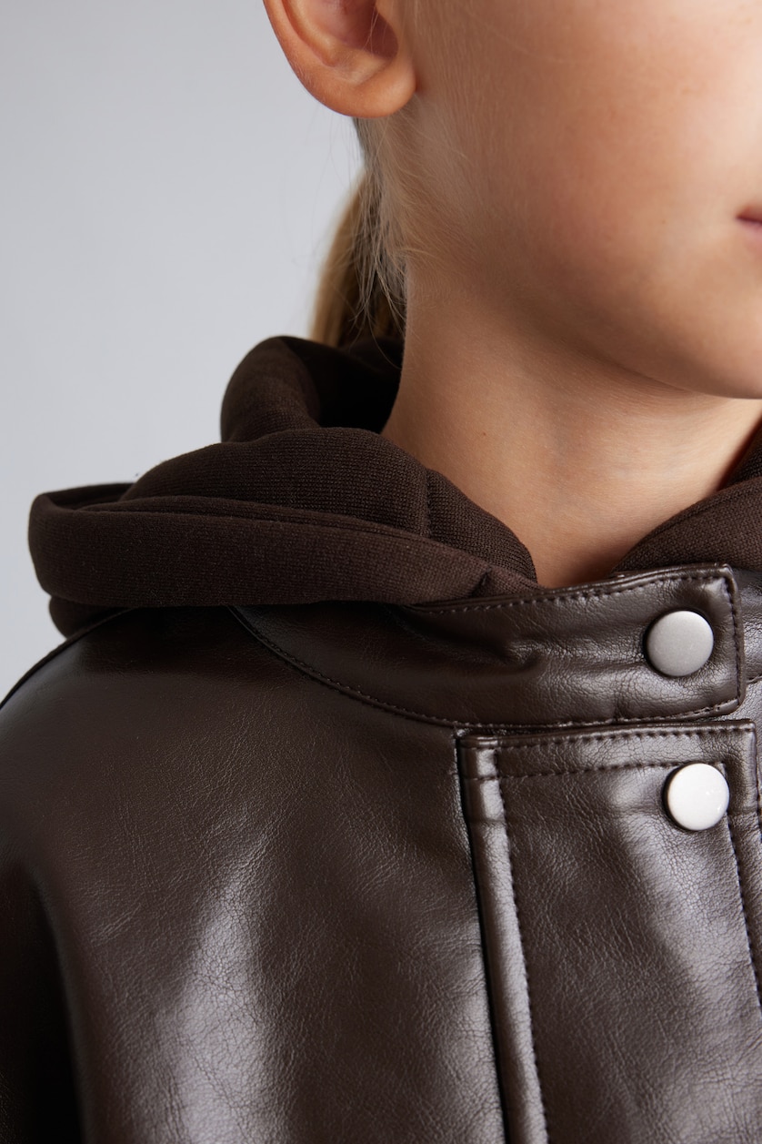Young Girls - Teen Girls Brown Girls Faux Leather with Patch Pockets Hooded Jacket