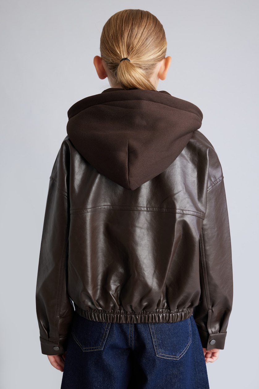 Young Girls - Teen Girls Brown Girls Faux Leather with Patch Pockets Hooded Jacket