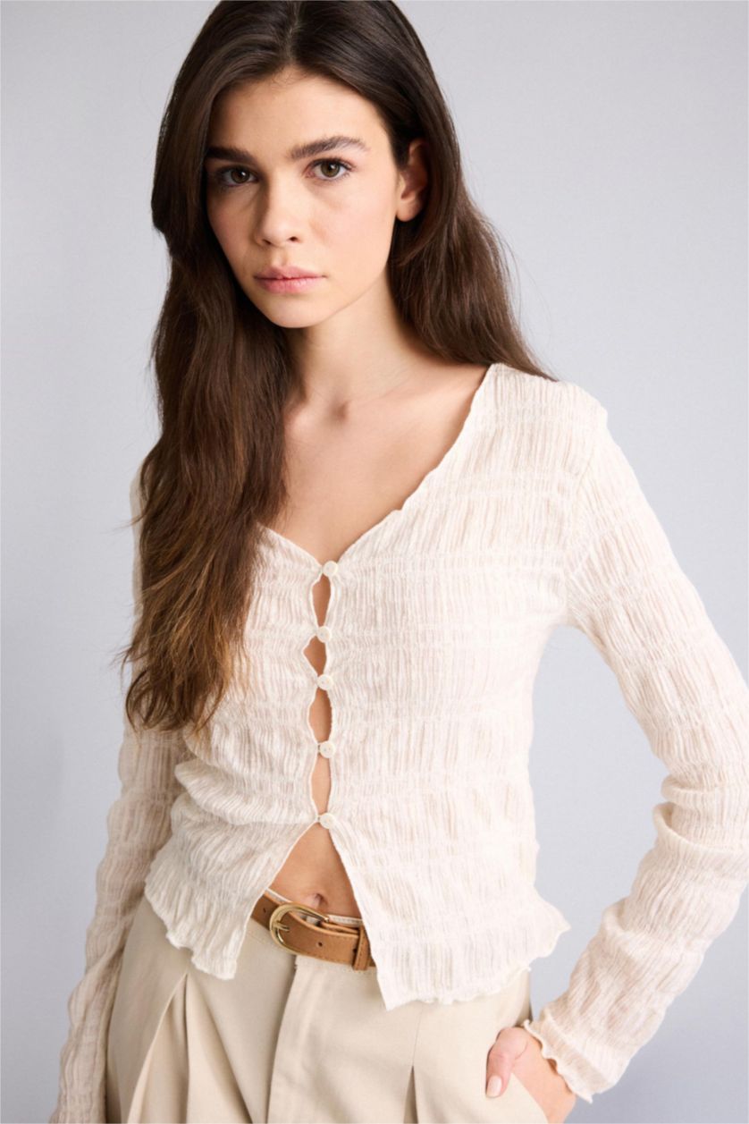 Woman Ecru تيشيرت كم طويل مخصر بأزرار