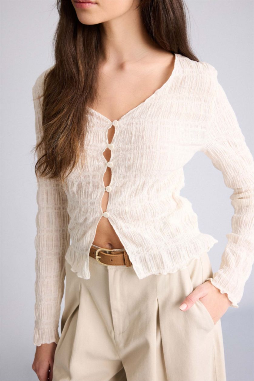 Woman Ecru تيشيرت كم طويل مخصر بأزرار