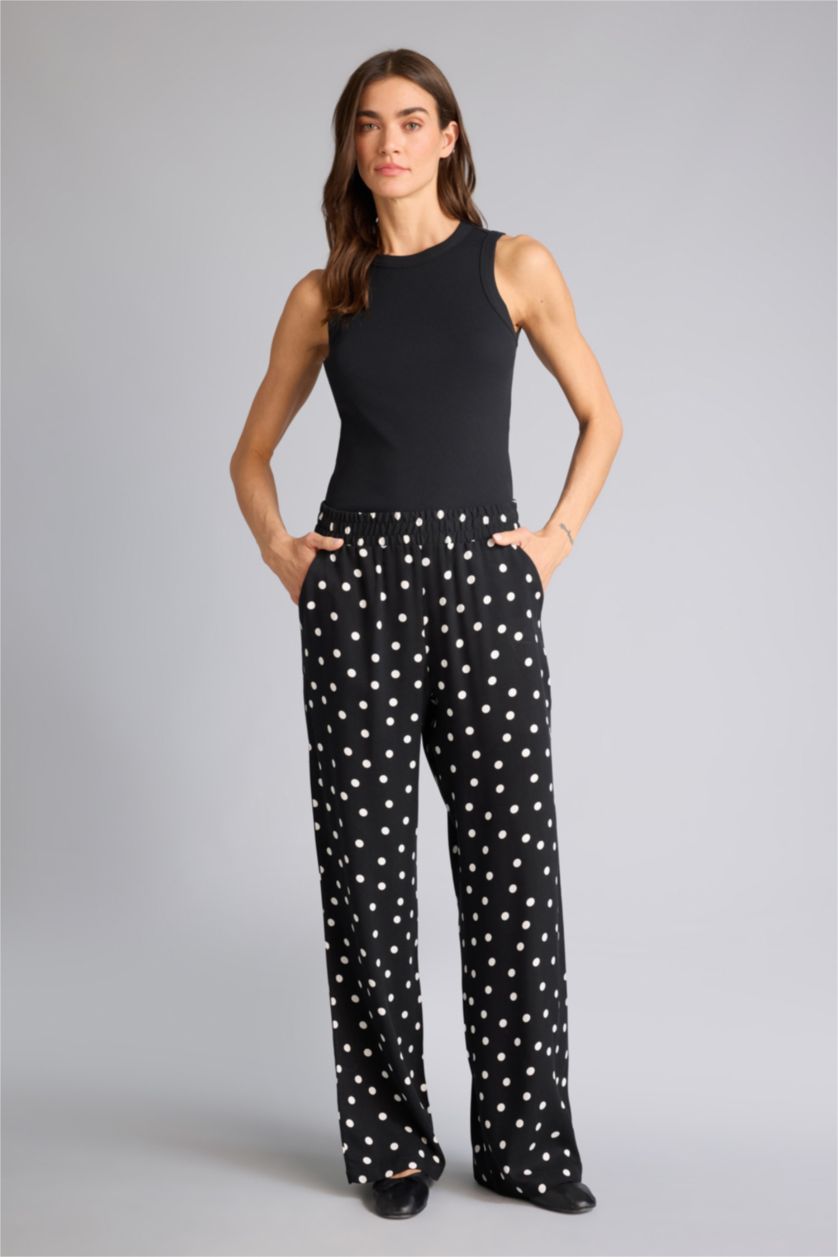 Kadın Siyah Wıde Leg Puantiyeli Yüksek Bel Viskon Pantolon