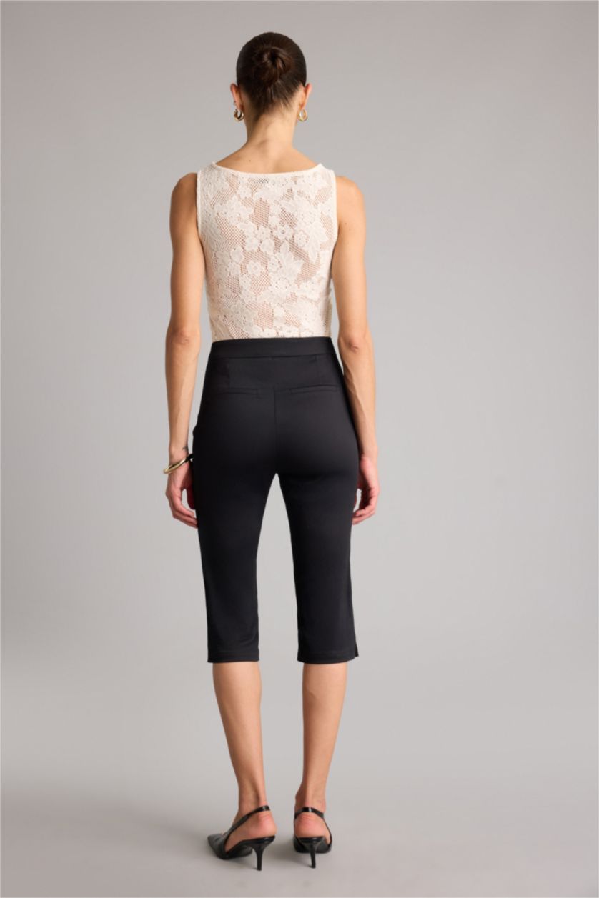 WOMAN Black Regular Waist Straight Leg Satin Capri Pants