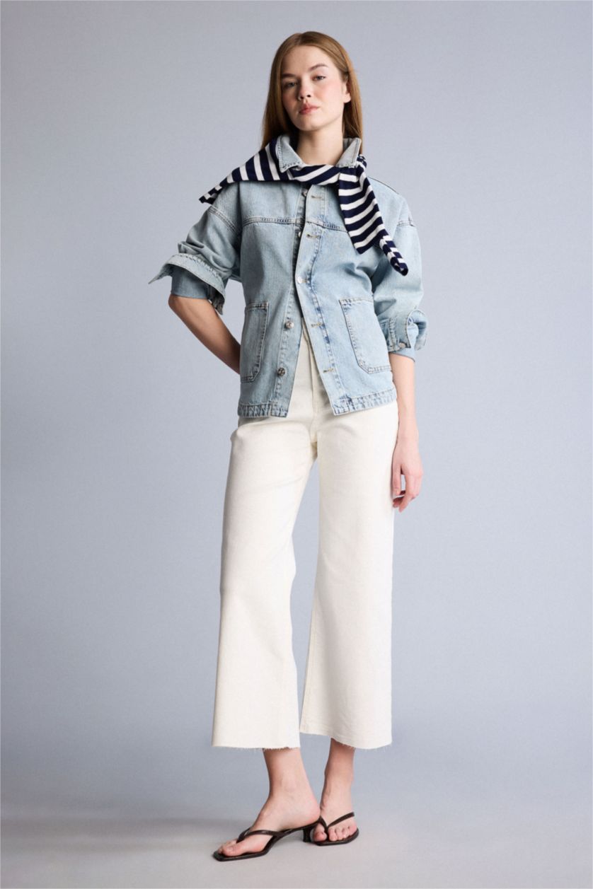 Kadın Mavi Geniş Cepli Jean Ceket