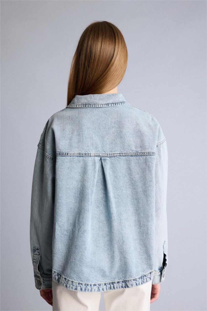 Женщины Голубрй Джинсовая куртка с широкими карманами