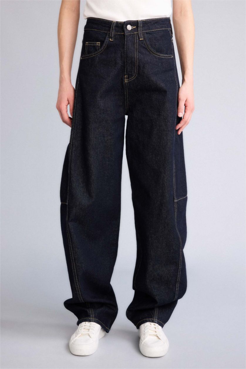 Kadın Mavi Siyah Baggy Fıt Yüksek Bel Uzun Jean Pantolon