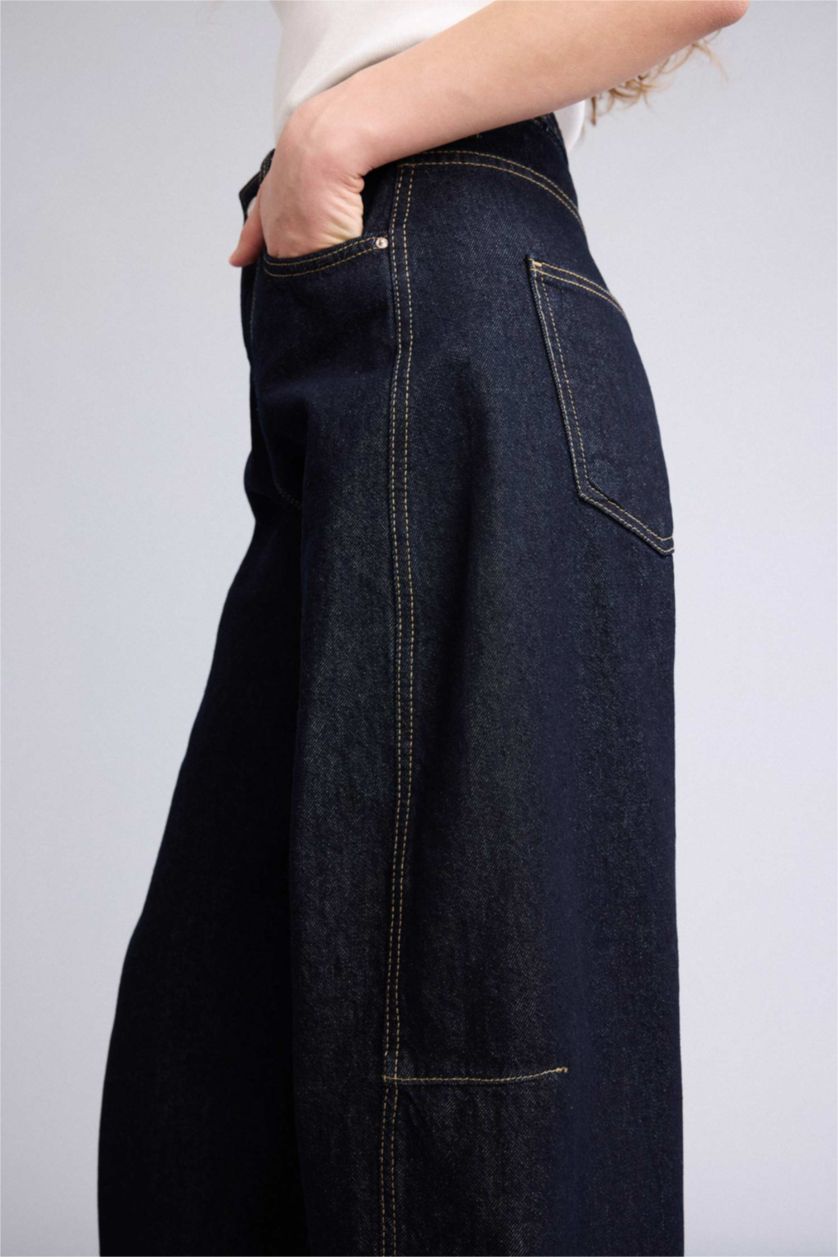 Kadın Mavi Siyah Baggy Fıt Yüksek Bel Uzun Jean Pantolon