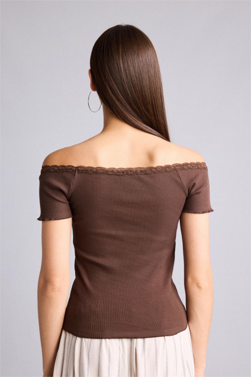 Kadın Kahve Fitted Kısa kollu Kaşkorse Tişört