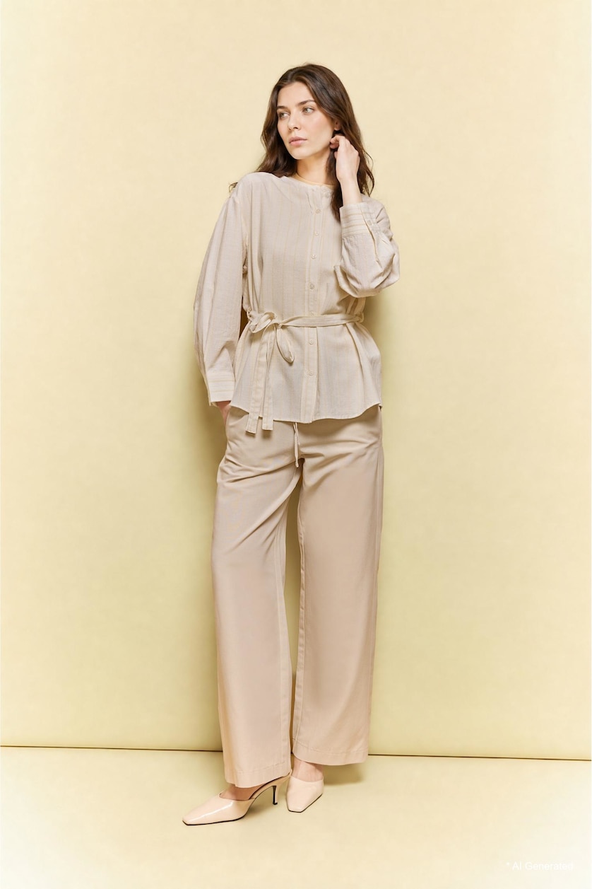 WOMAN Ecru Wide Straight Linen Blend Trousers