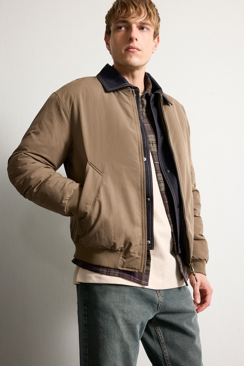 Erkek Haki Kontrast Yaka Regular Fit Mont