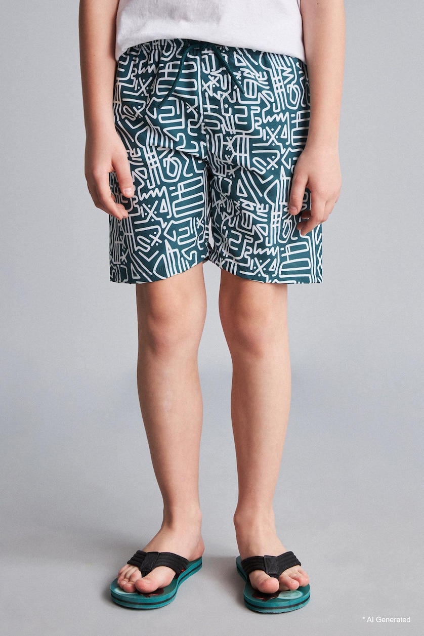 Young Boys - Teen Boys Dark Green Boy Regular Fit Printed Swim Shorts
