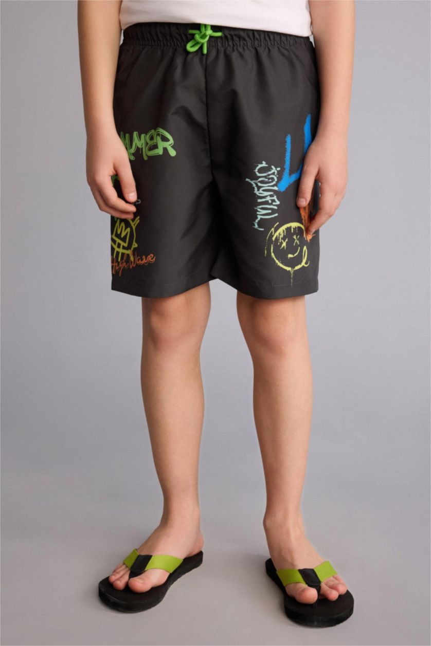 Erkek Çocuk - Genç Erkek Koyu Antrasit Baskılı Deniz Şortu Erkek Çocuk