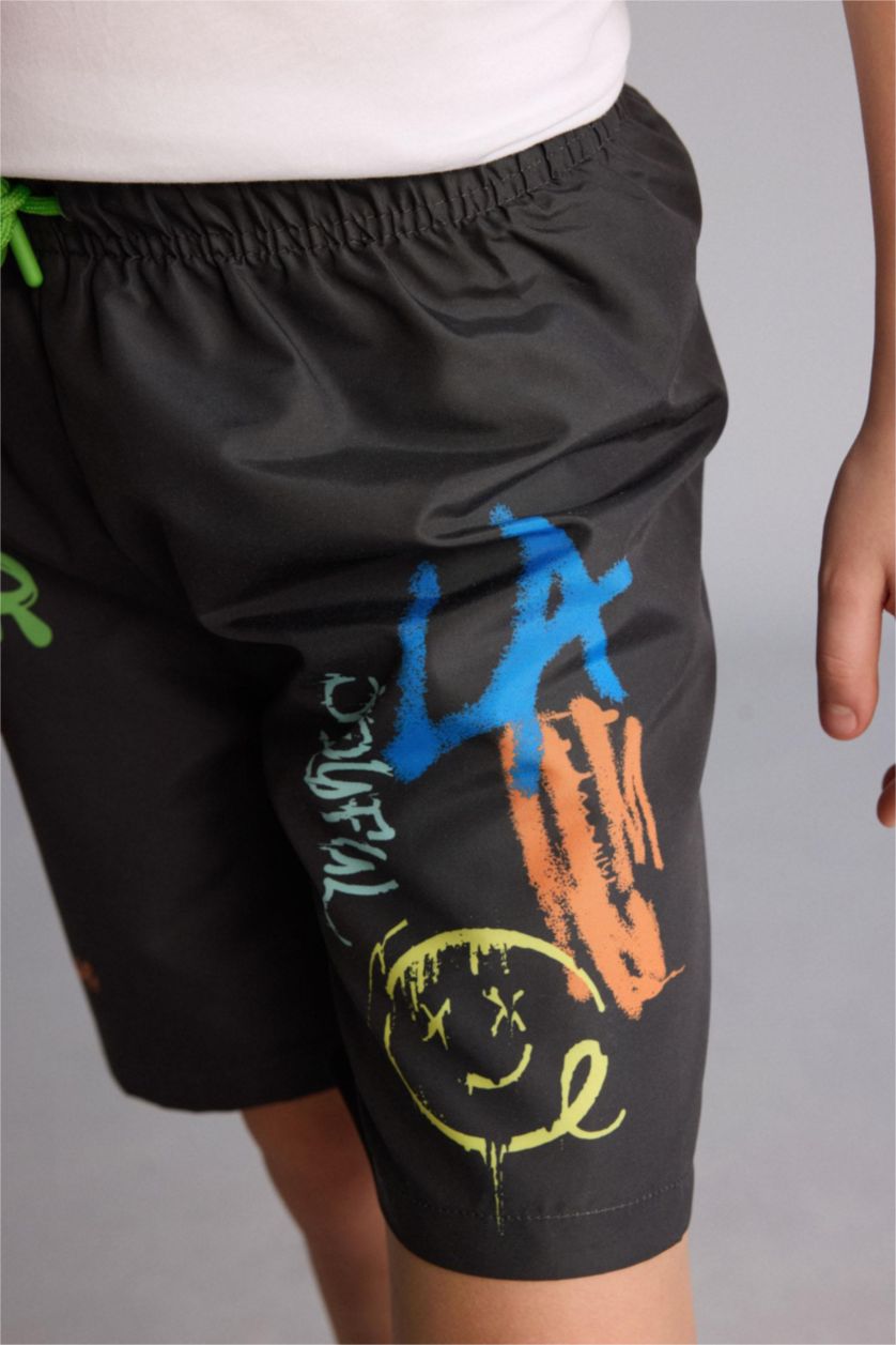 Erkek Çocuk - Genç Erkek Koyu Antrasit Baskılı Deniz Şortu Erkek Çocuk